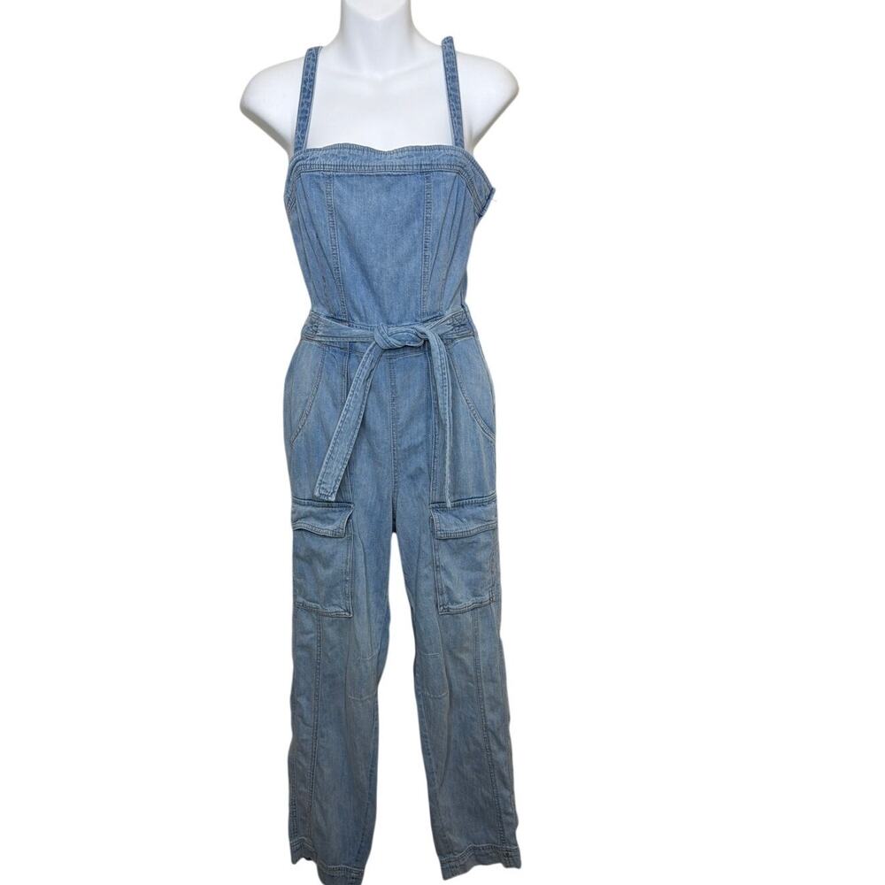 Free People Go West Utility Denim Jumpsuit Size XS Cutout Back